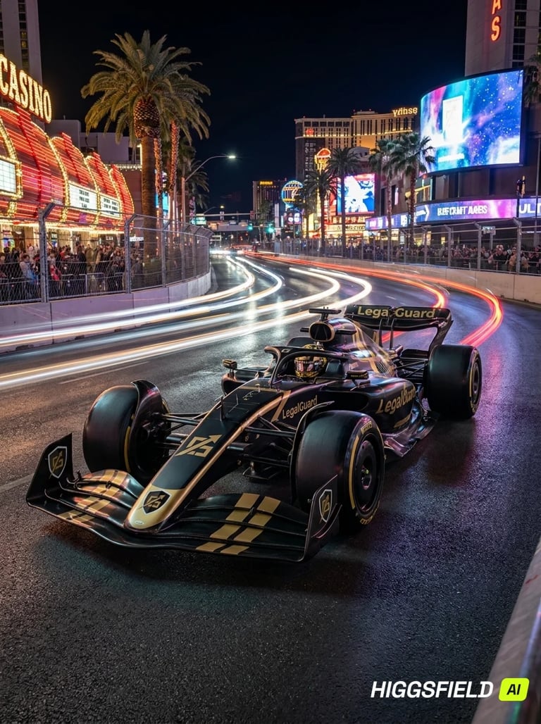 Black and gold Formula 1 race car on a Las Vegas Strip street at night with neon lights and casino signs