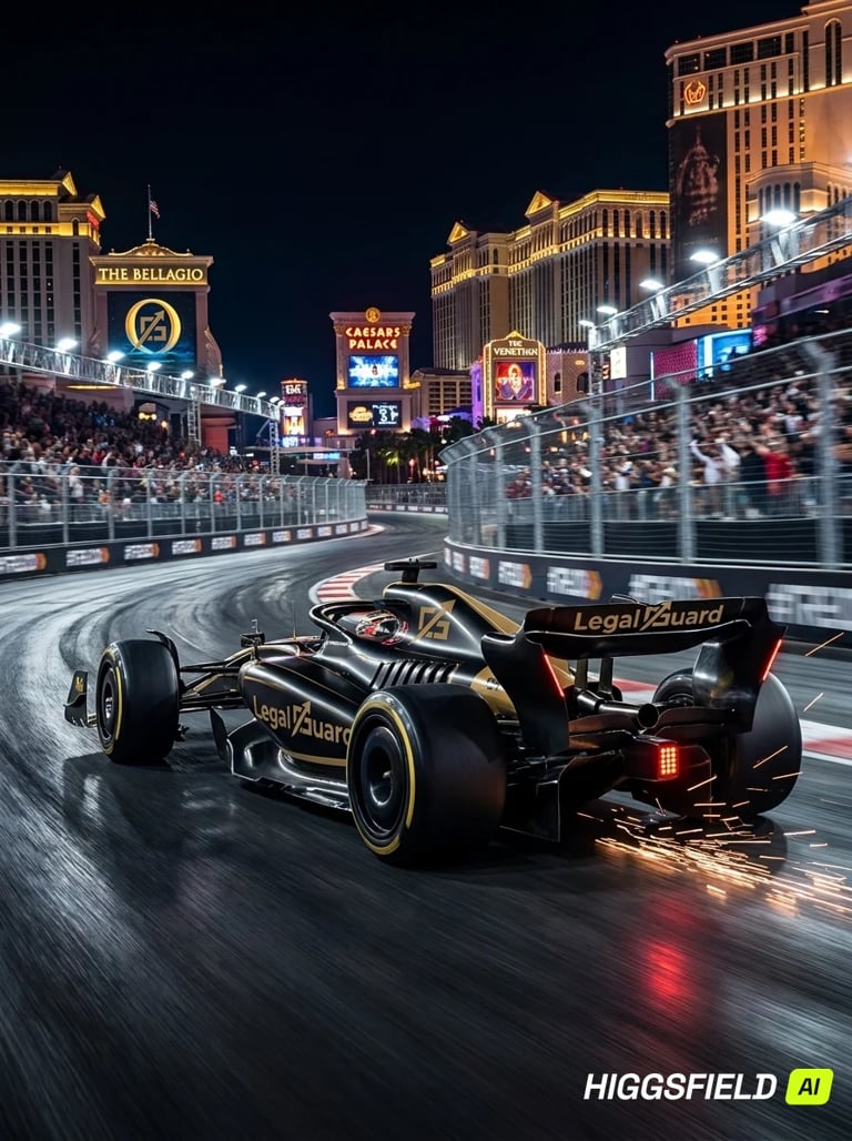 Black and gold Formula 1 car racing on Las Vegas street circuit at night with illuminated casinos and crowds