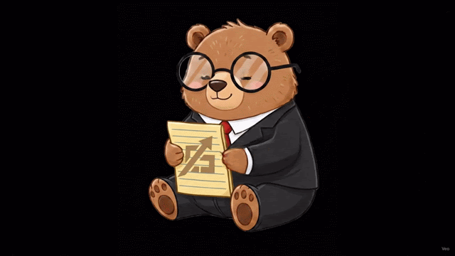 Cartoon bear wearing glasses and business suit, holding a clipboard with a checkmark against a black background